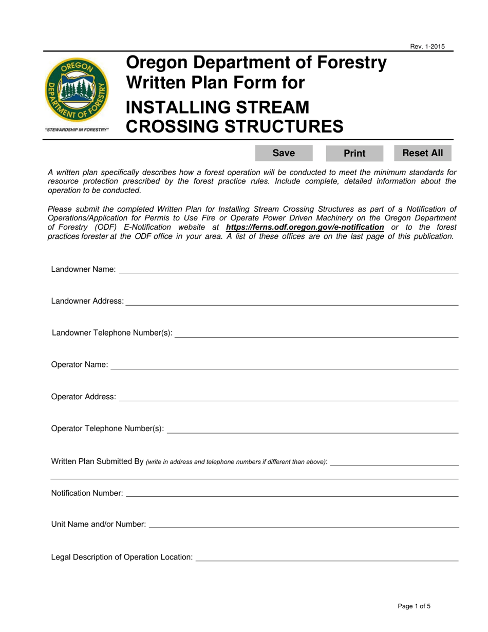 Written Plan Form for Installing Stream Crossing Structures - Oregon, Page 1