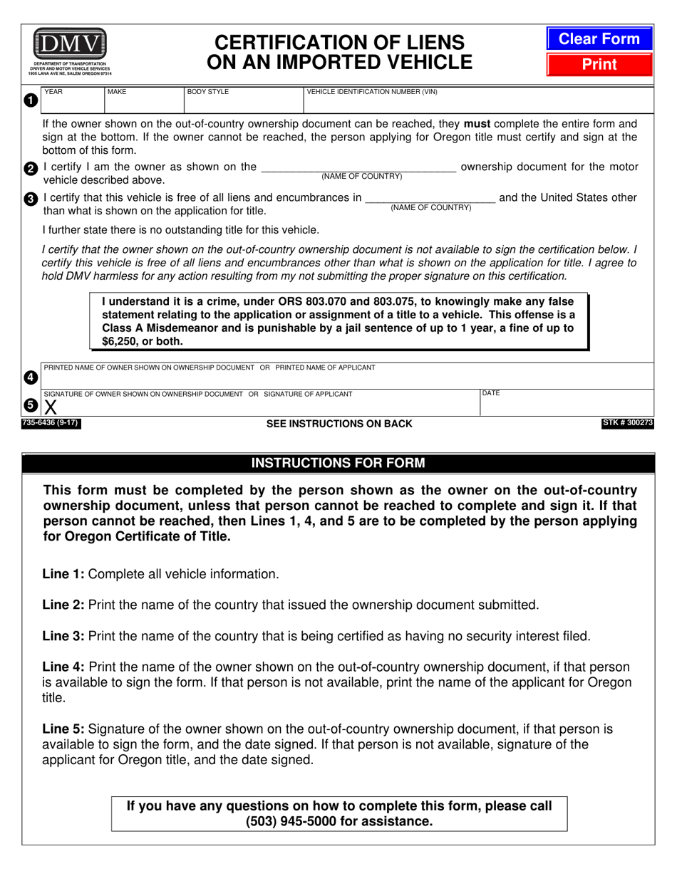 Form 735-6436 Certification of Liens on an Imported Vehicle - Oregon, Page 1