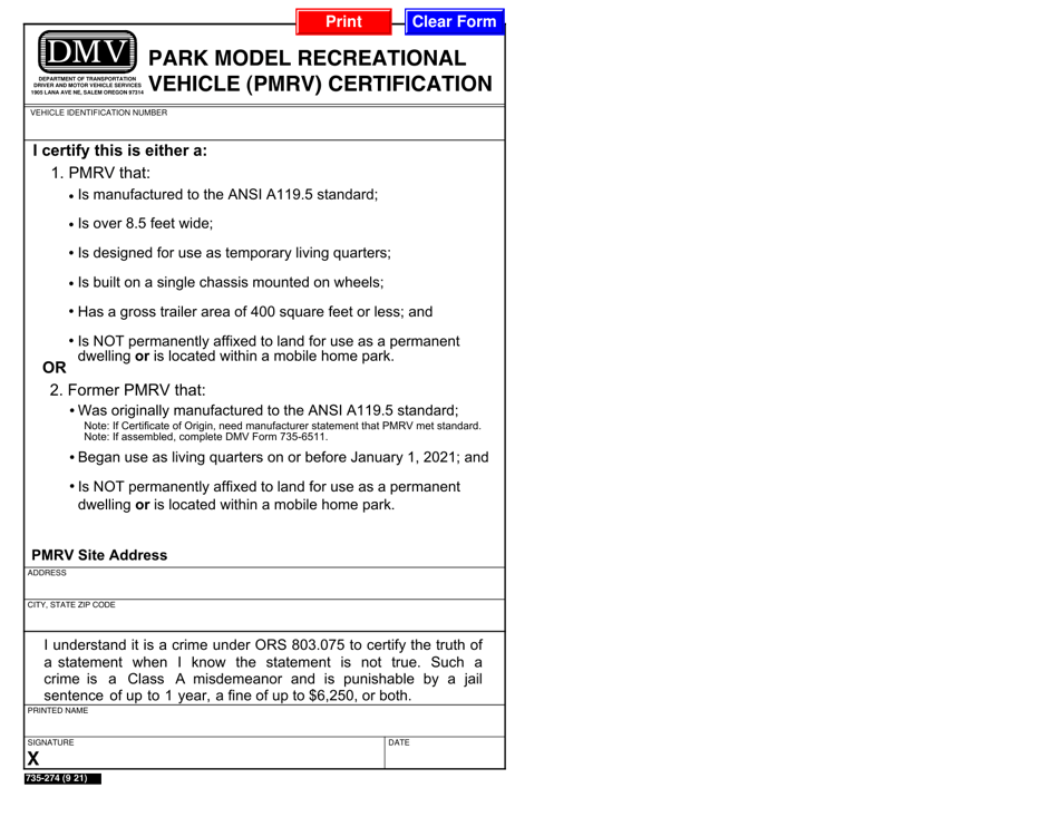 Form 735-274 Park Model Recreational Vehicle (Pmrv) Certification - Oregon, Page 1