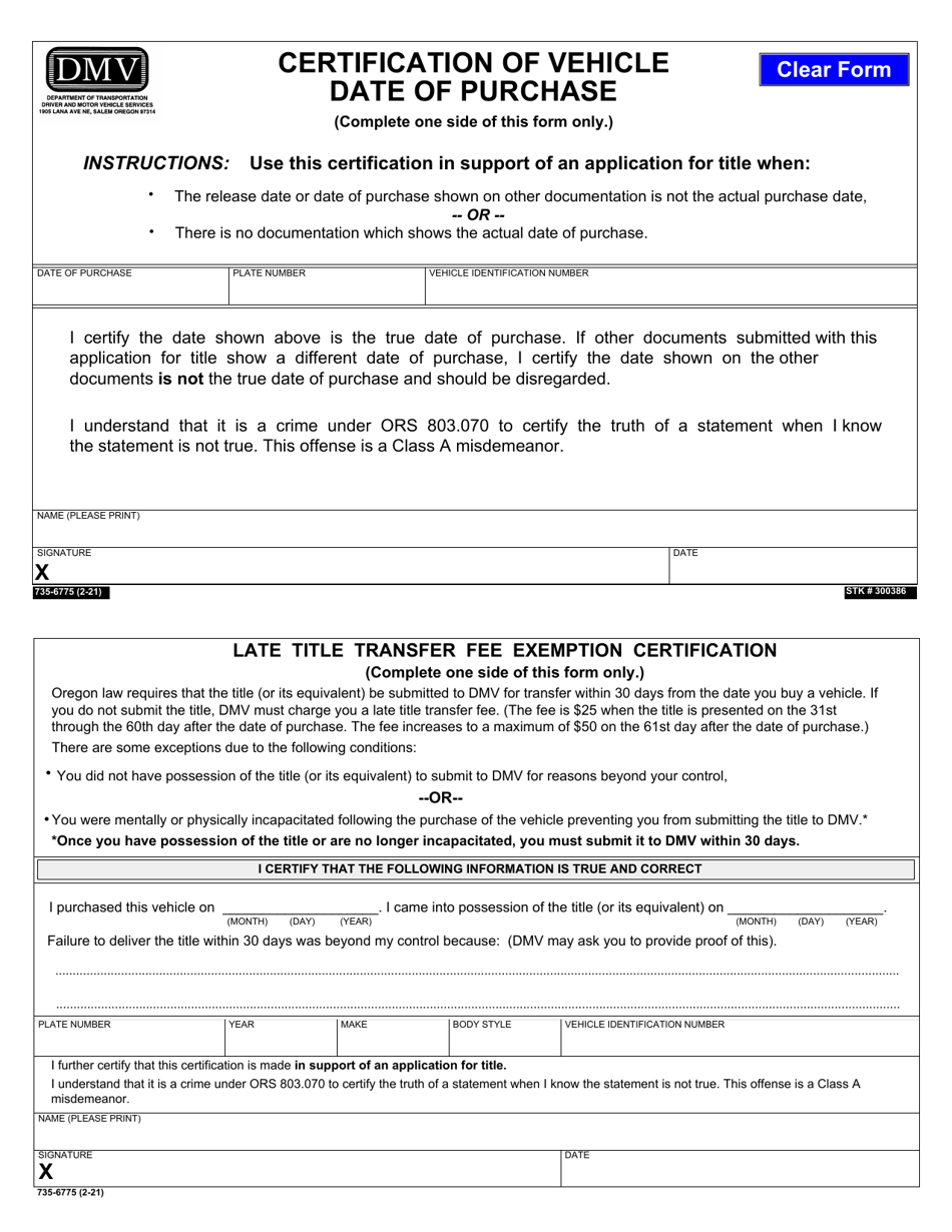 Form 735-6775 Certification of Vehicle Date of Purchase - Oregon, Page 1