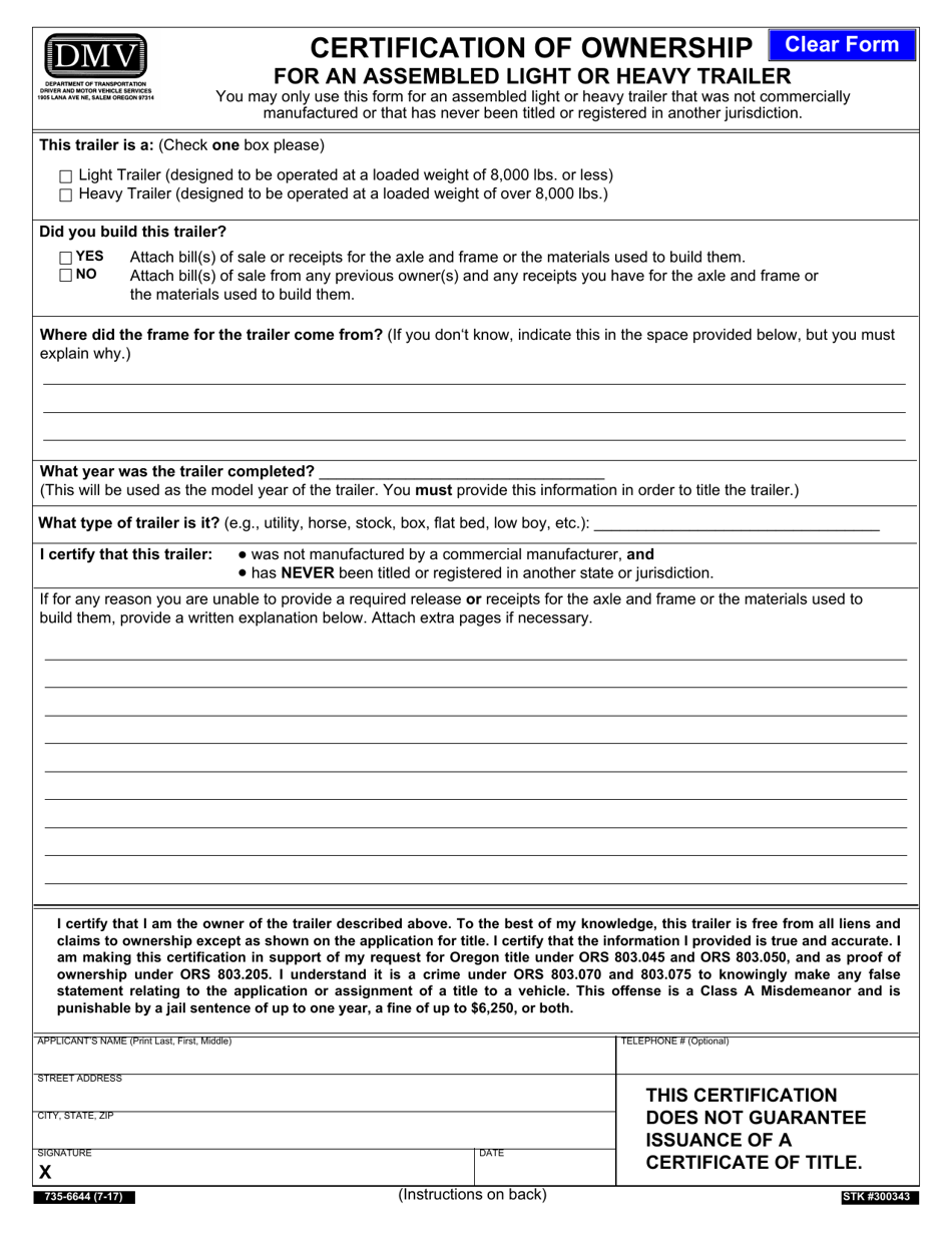 Form 735-6644 Certification of Ownership for an Assembled Light or Heavy Trailer - Oregon, Page 1