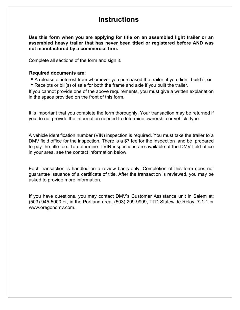 Form 735-6644 Certification of Ownership for an Assembled Light or Heavy Trailer - Oregon, Page 2