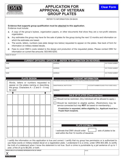 Form 735-7069 Application for Approval of Veteran Group Plates - Oregon