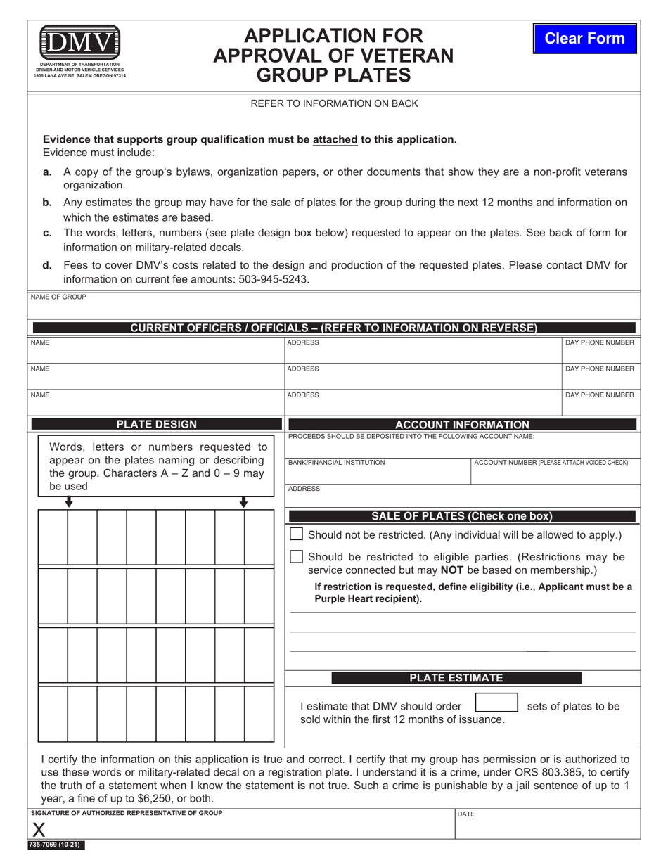 Form 735-7069 Application for Approval of Veteran Group Plates - Oregon, Page 1