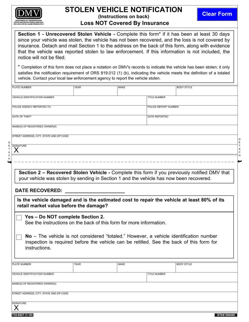 Form 735-6927 Stolen Vehicle Notification - Oregon, Page 1