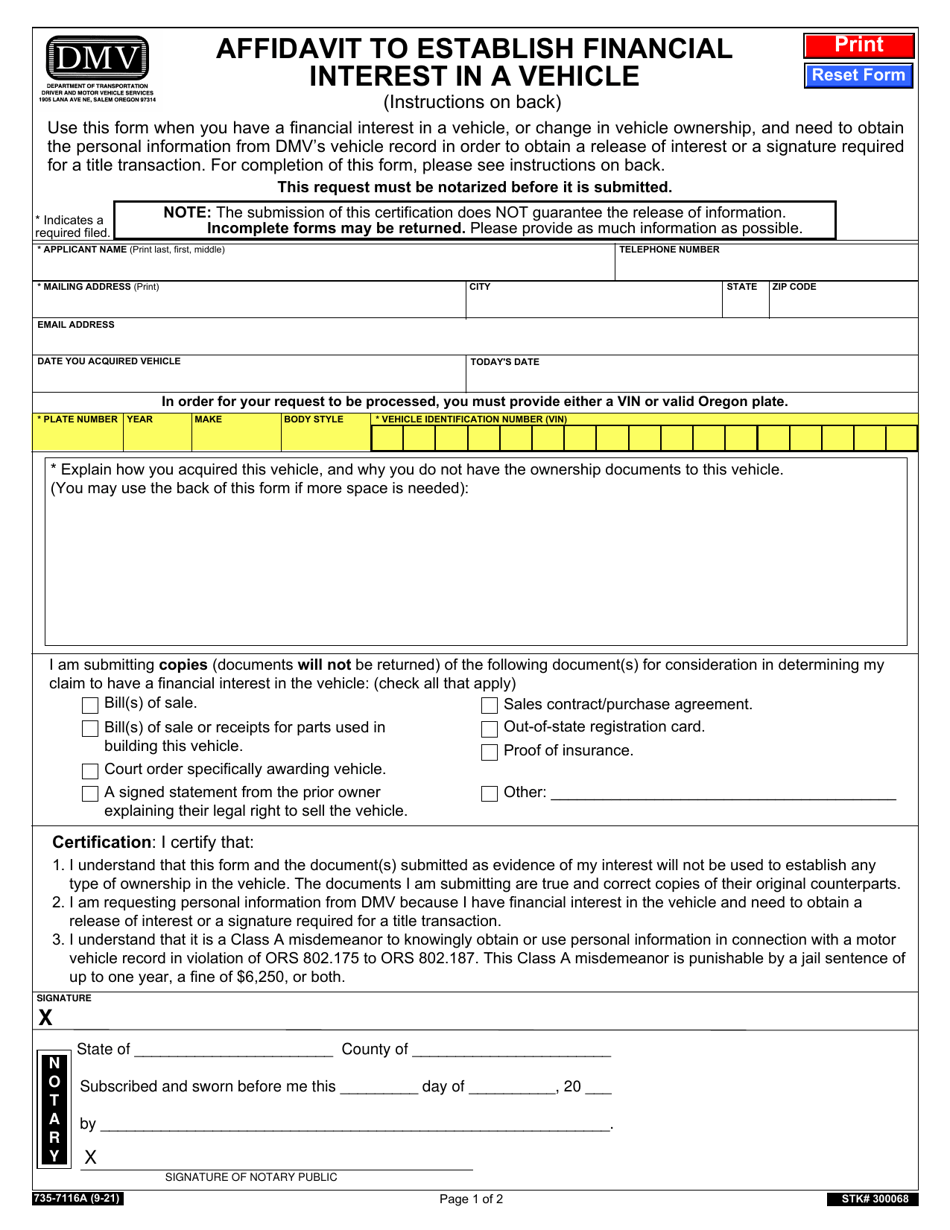 Form 735-7116A Affidavit to Establish Financial Interest in a Vehicle - Oregon, Page 1