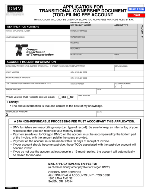 Form 735-6950 Application for Transitional Ownership Document (Tod) Filing Fee Account - Oregon