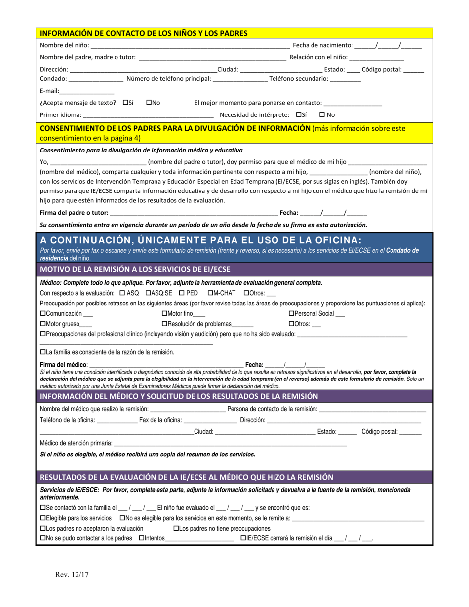 Formulario Del Referido De Intervencion Temprana / Educacion Especial (Ei / Ecse) - Oregon (Spanish), Page 1