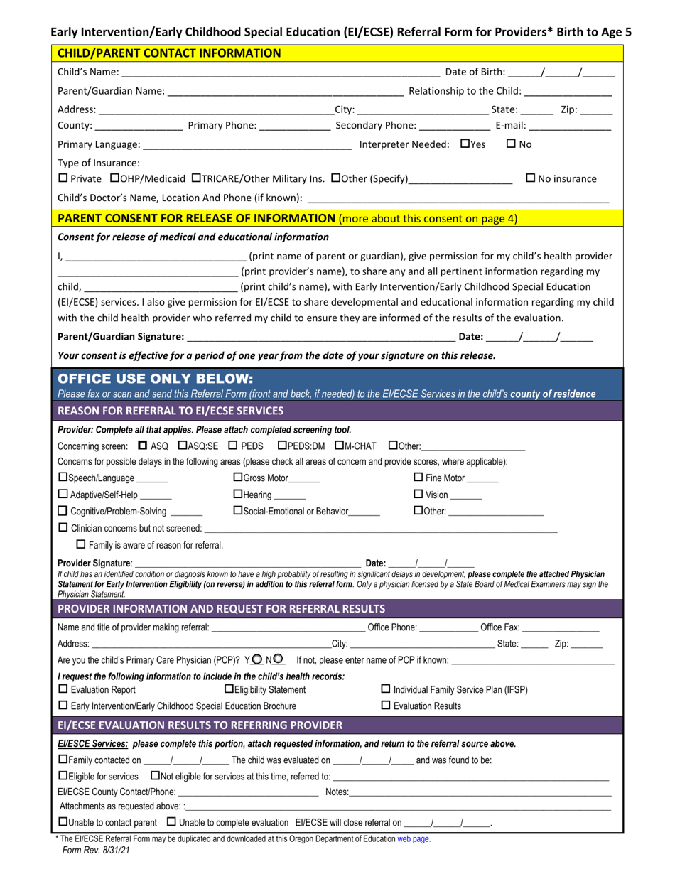 Early Intervention / Early Childhood Special Education (Ei / Ecse) Referral Form - Oregon, Page 1