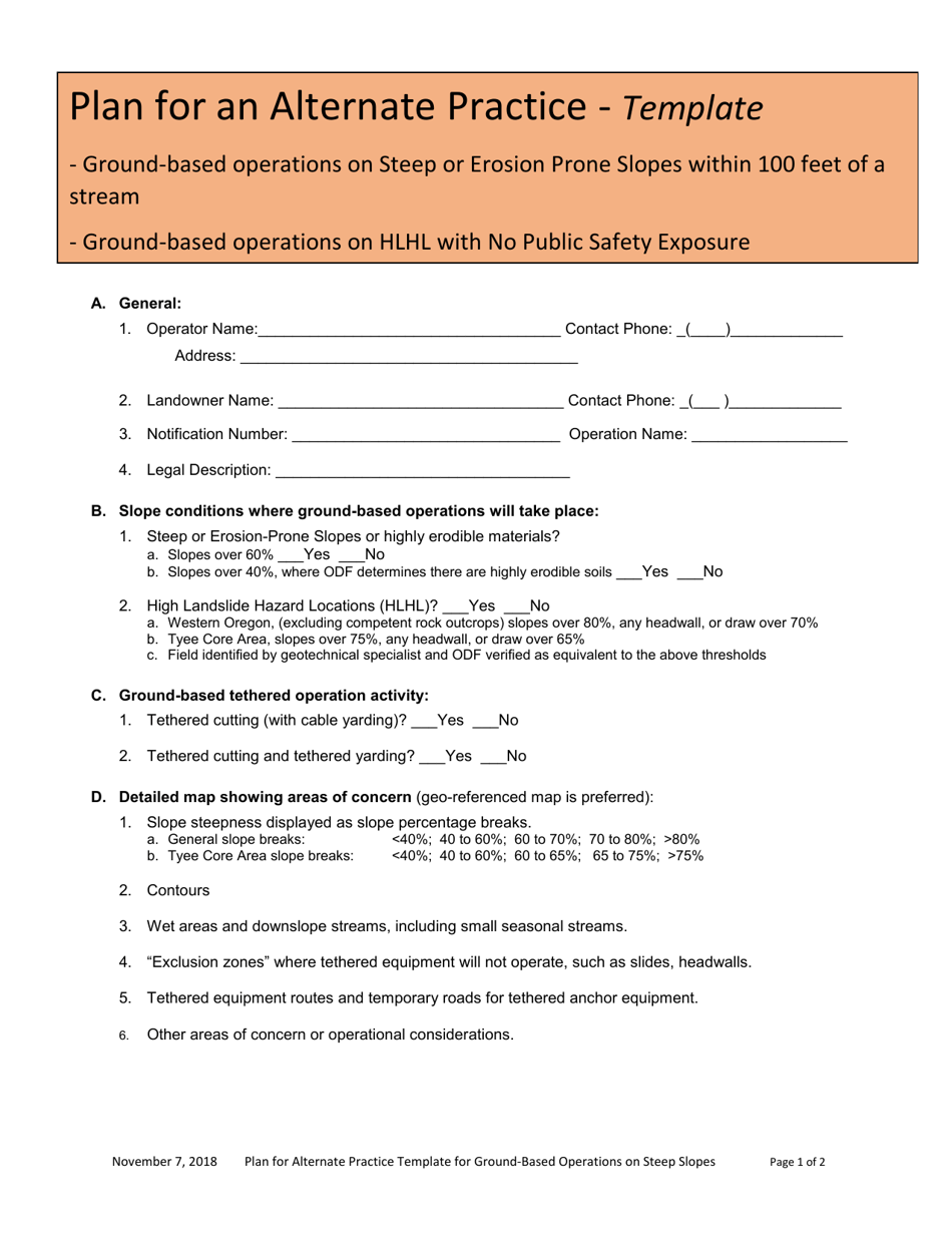 Plan for an Alternate Practice - Template - Oregon, Page 1