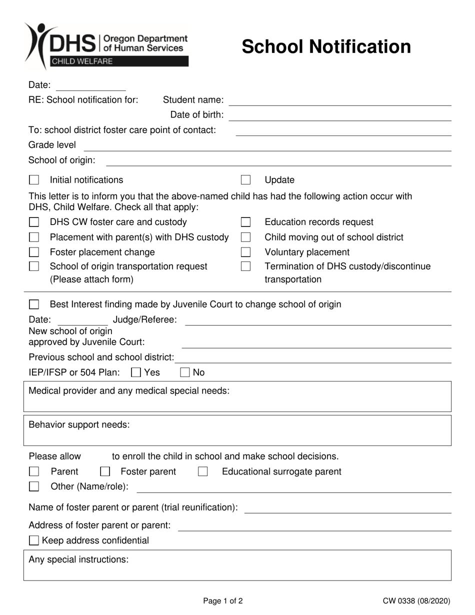 Form CW0338 School Notification - Oregon, Page 1
