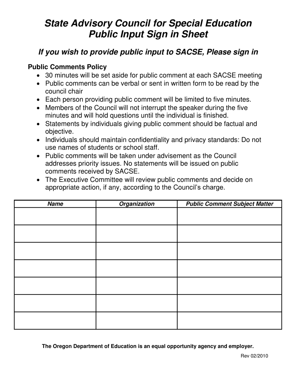 State Advisory Council for Special Education Public Input Sign in Sheet - Oregon, Page 1