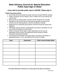Document preview: State Advisory Council for Special Education Public Input Sign in Sheet - Oregon
