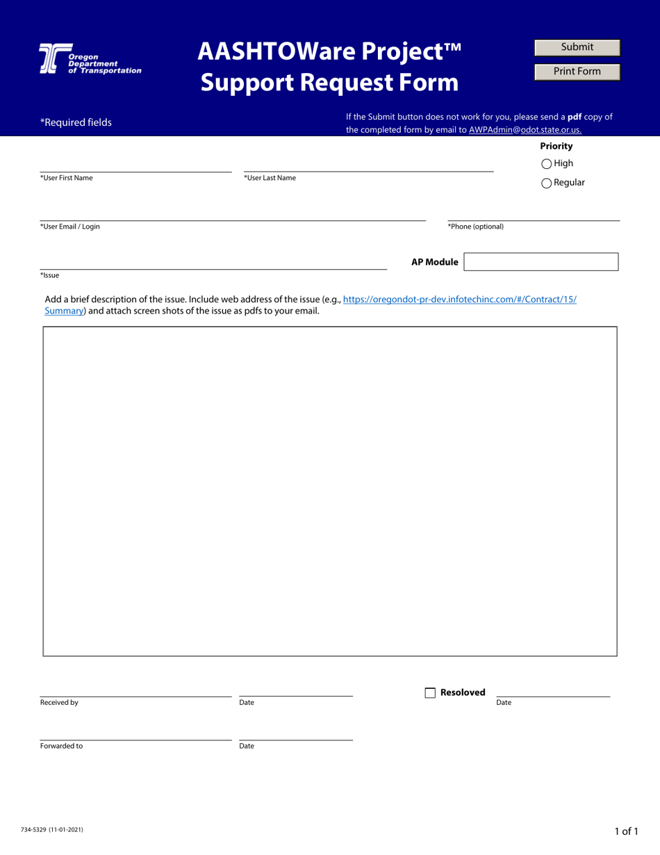 Form 734-5329 Aashtoware Project Support Request Form - Oregon, Page 1