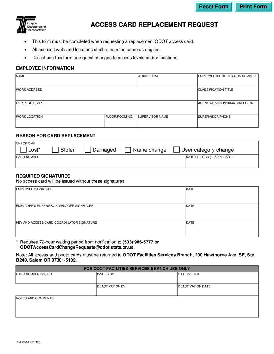 Form 731-0501 Access Card Replacement Request - Oregon, Page 1