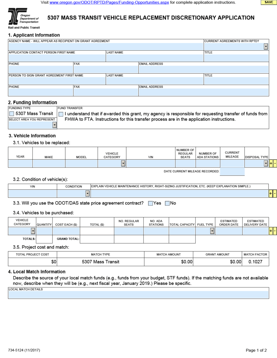 Form 734-5124 5307 Mass Transit Vehicle Replacement Discretionary Application - Oregon, Page 1