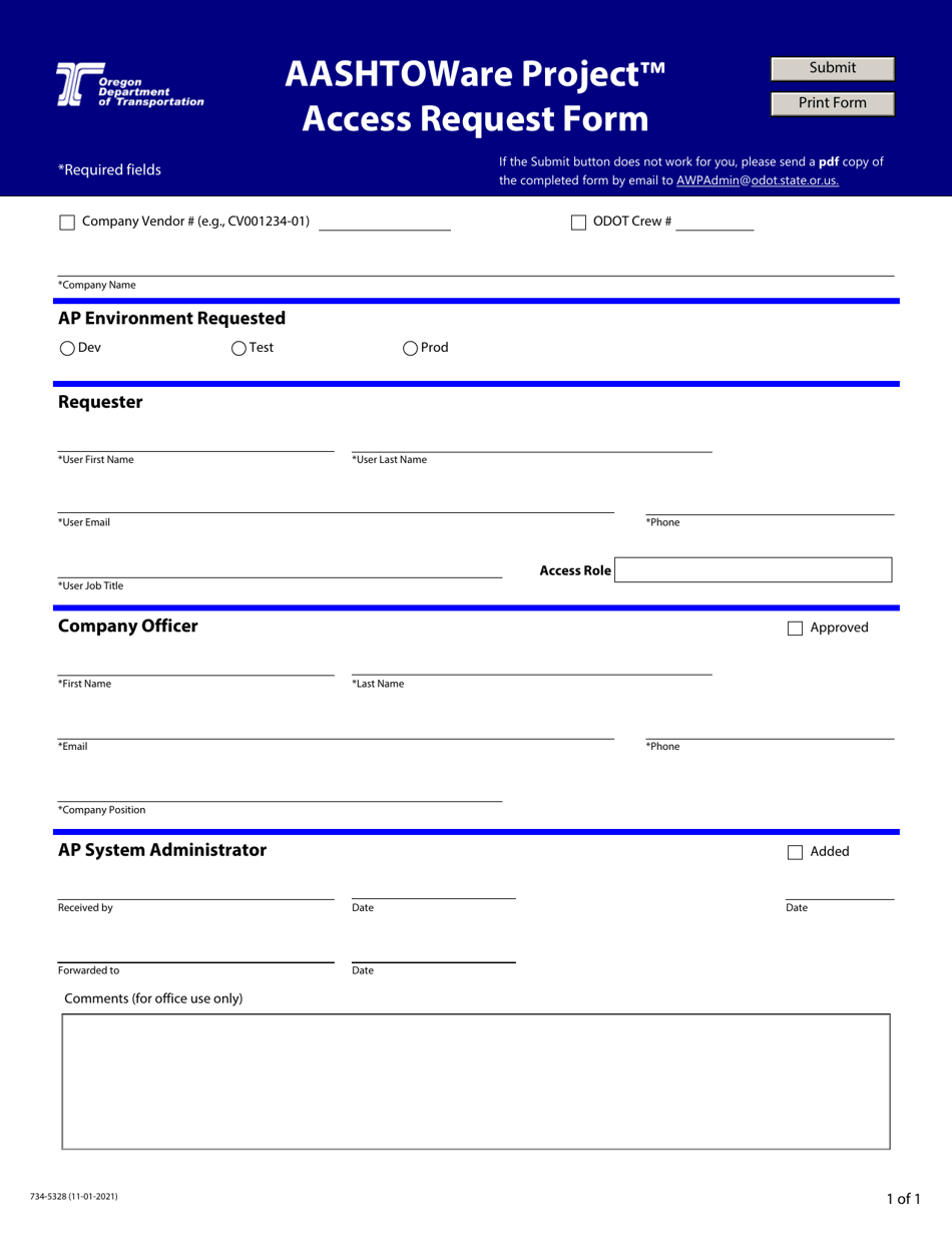 Form 734-5328 Aashtoware Project Access Request Form - Oregon, Page 1