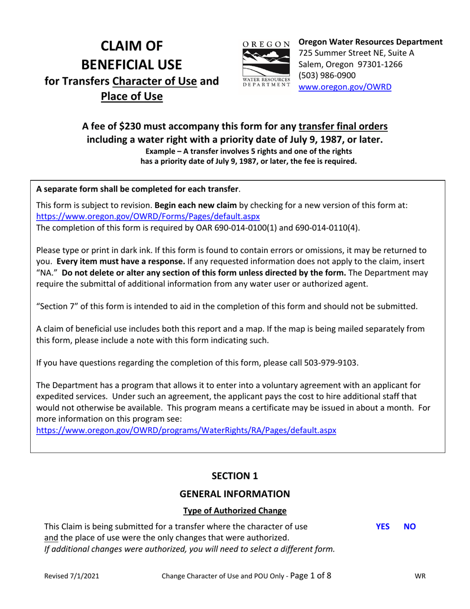 Claim of Beneficial Use for Transfers Character of Use and Place of Use - Oregon, Page 1