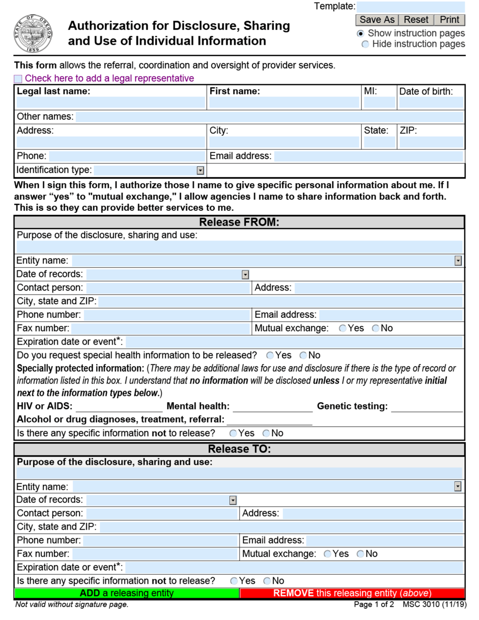 Form MSC3010 Authorization for Disclosure, Sharing and Use of Individual Information - Oregon, Page 1