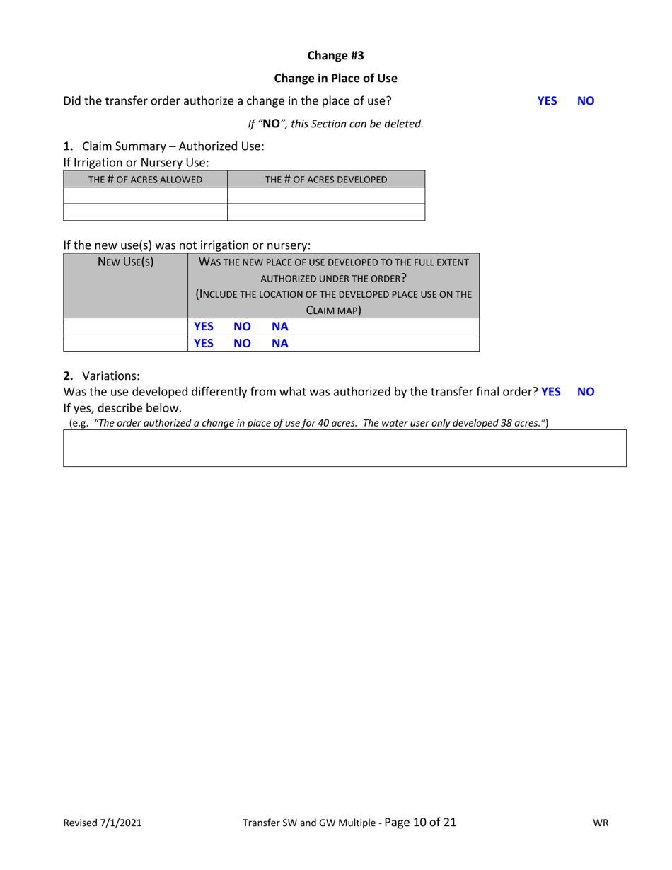 Claim of Beneficial Use for Transfer With Multiple Changes - Surface Water and Groundwater - Oregon, Page 10