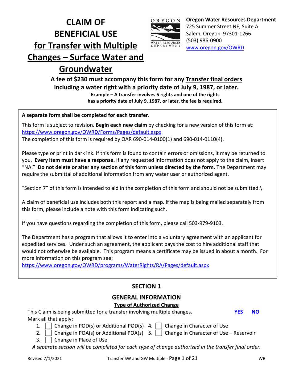 Claim of Beneficial Use for Transfer With Multiple Changes - Surface Water and Groundwater - Oregon, Page 1