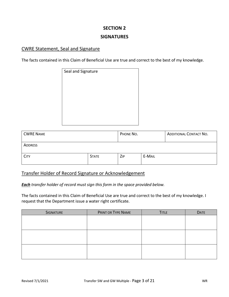 Claim of Beneficial Use for Transfer With Multiple Changes - Surface Water and Groundwater - Oregon, Page 3