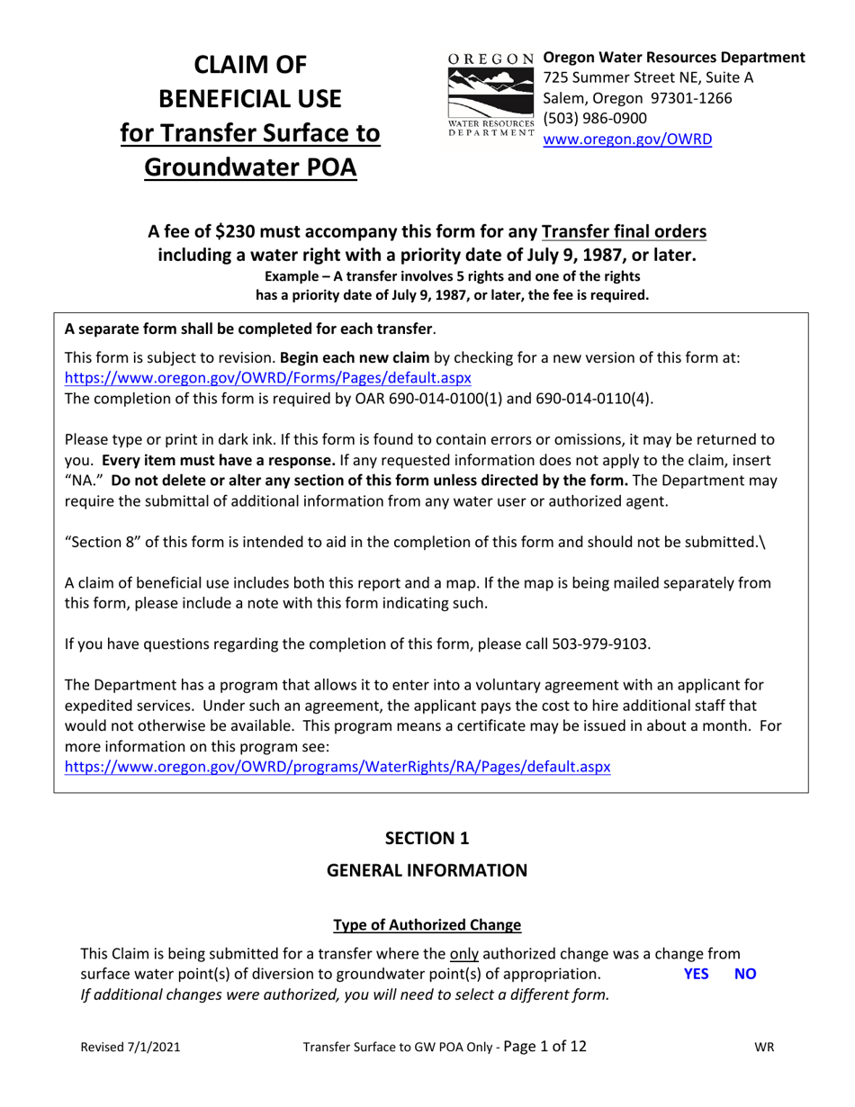 Claim of Beneficial Use for Transfer Surface to Groundwater Poa - Oregon, Page 1
