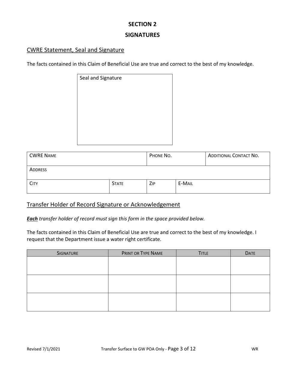 Claim of Beneficial Use for Transfer Surface to Groundwater Poa - Oregon, Page 3