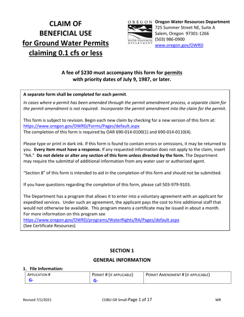 Claims of Beneficial Use for Groundwater Permits Claiming 0.1 Cfs or Less - Oregon