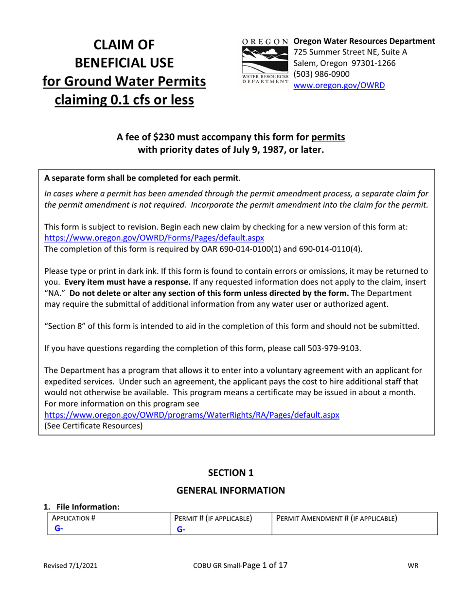 Claims of Beneficial Use for Groundwater Permits Claiming 0.1 Cfs or Less - Oregon, Page 1