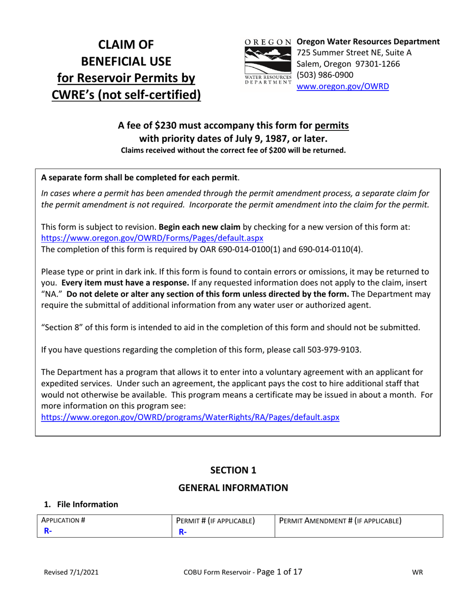 Claims of Beneficial Use for Reservoir Permits by Cwres (Not Self-certified) - Oregon, Page 1