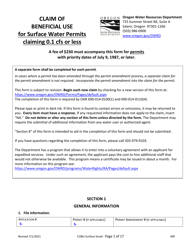 &quot;Claims of Beneficial Use for Surface Water Permits Claiming 0.1 Cfs or Less&quot; - Oregon