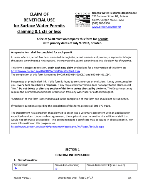 Claims of Beneficial Use for Surface Water Permits Claiming 0.1 Cfs or Less - Oregon