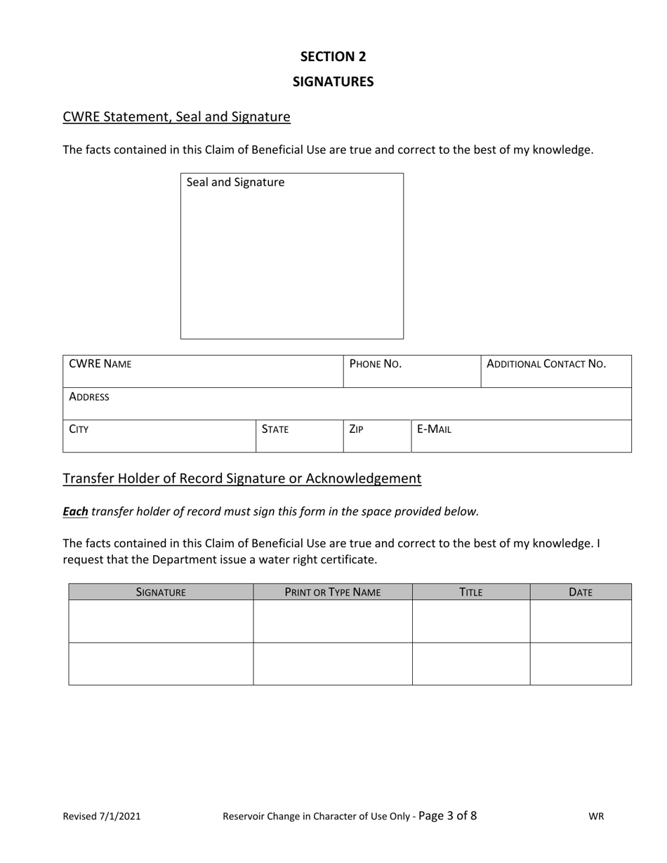 Claims of Beneficial Use for Transfers Changing Character of Use of a Reservoir Only - Oregon, Page 3