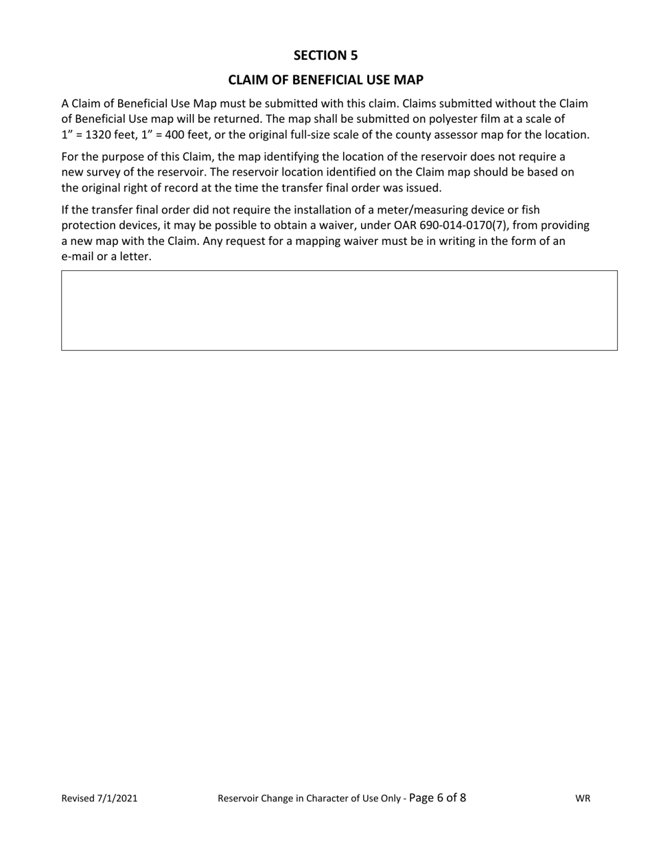 Claims of Beneficial Use for Transfers Changing Character of Use of a Reservoir Only - Oregon, Page 6