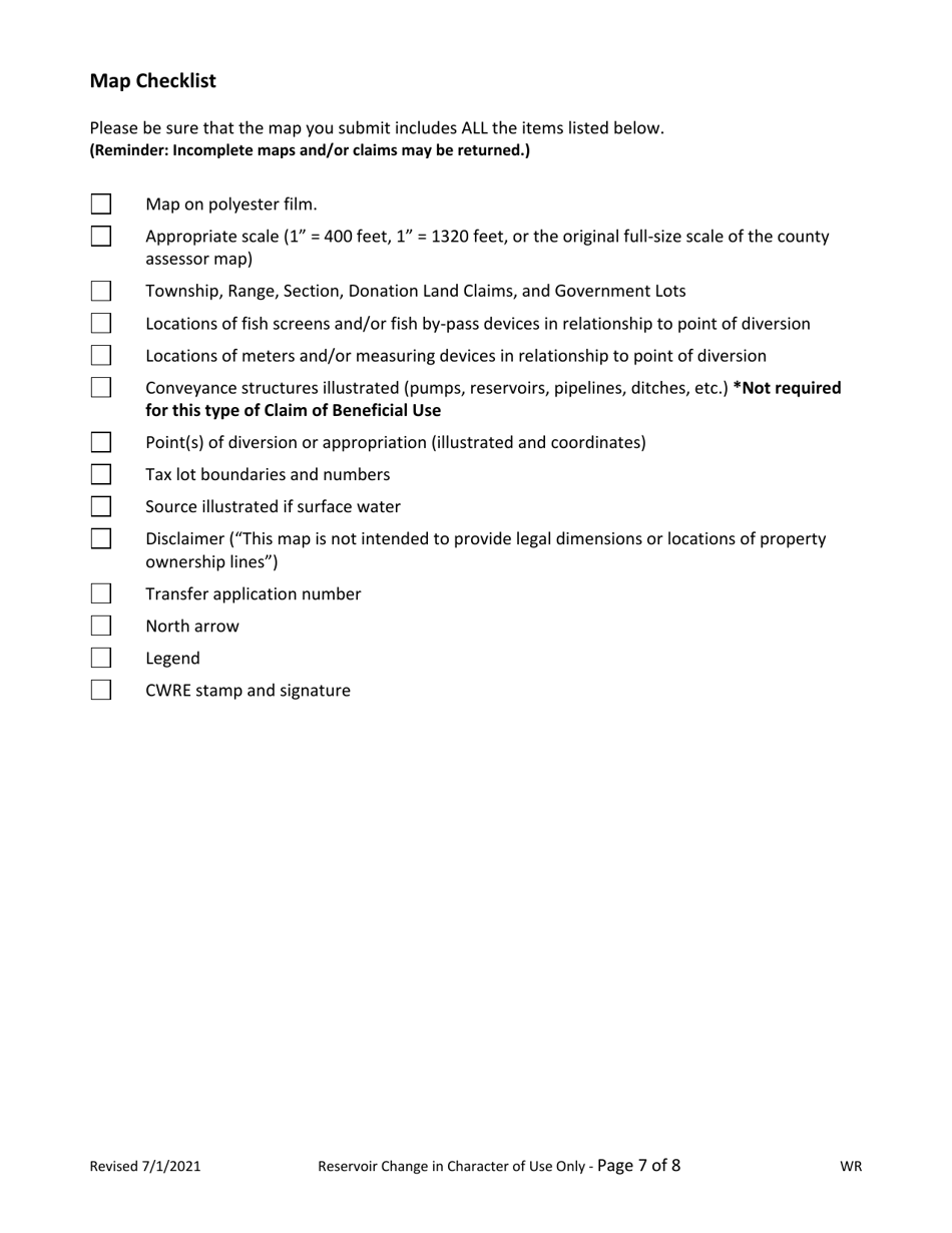 Claims of Beneficial Use for Transfers Changing Character of Use of a Reservoir Only - Oregon, Page 7