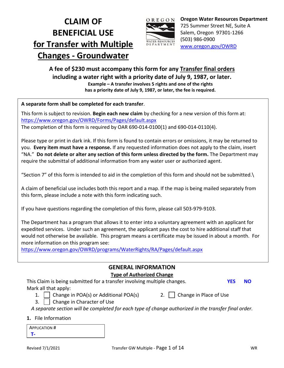 Claims of Beneficial Use for Transfer With Multiple Changes - Groundwater - Oregon, Page 1