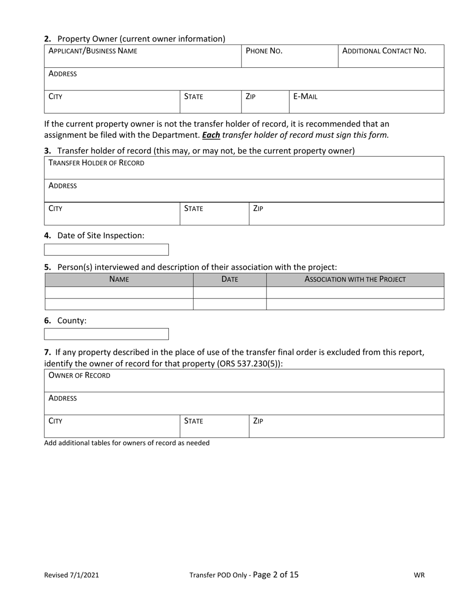 Claims of Beneficial Use for Transfer New or Additional Pod Only - Oregon, Page 2