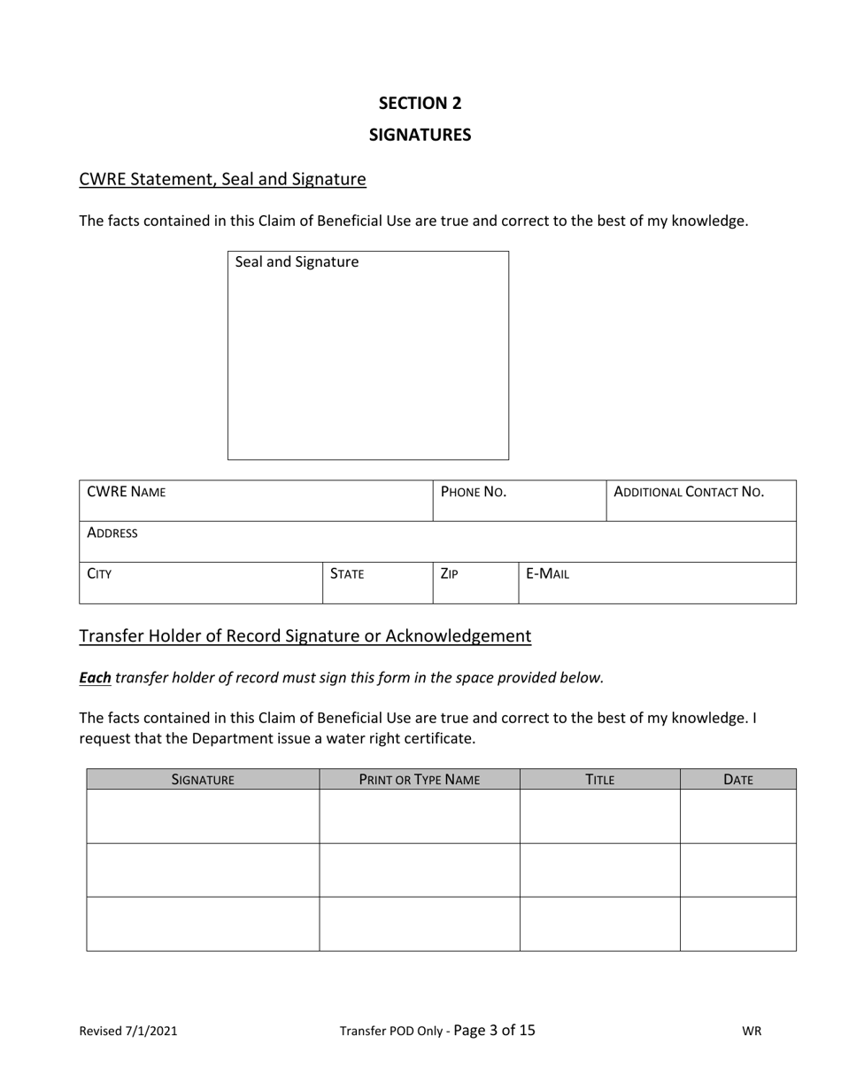 Claims of Beneficial Use for Transfer New or Additional Pod Only - Oregon, Page 3