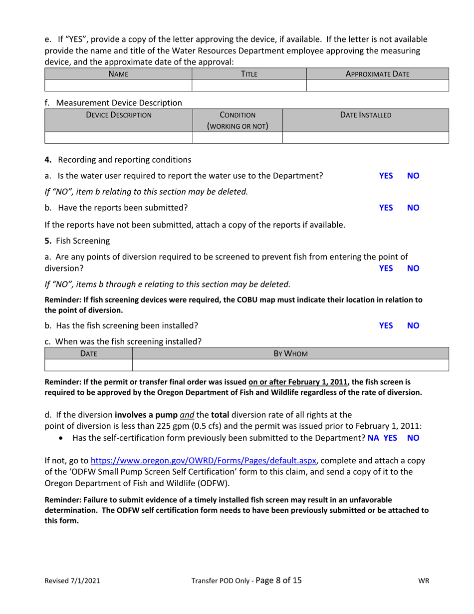 Claims of Beneficial Use for Transfer New or Additional Pod Only - Oregon, Page 8