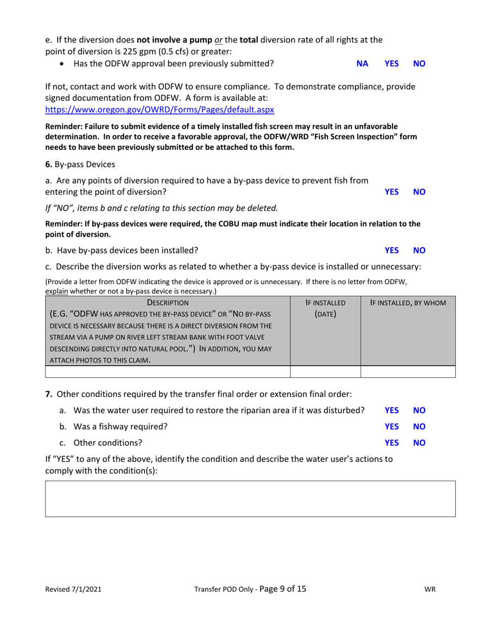 Claims of Beneficial Use for Transfer New or Additional Pod Only - Oregon, Page 9