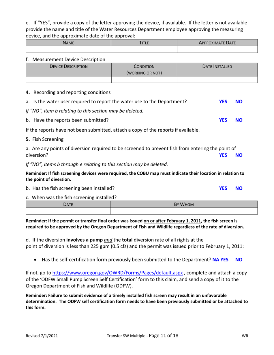Claims of Beneficial Use for Transfer With Multiple Changes - Surface Water - Oregon, Page 11