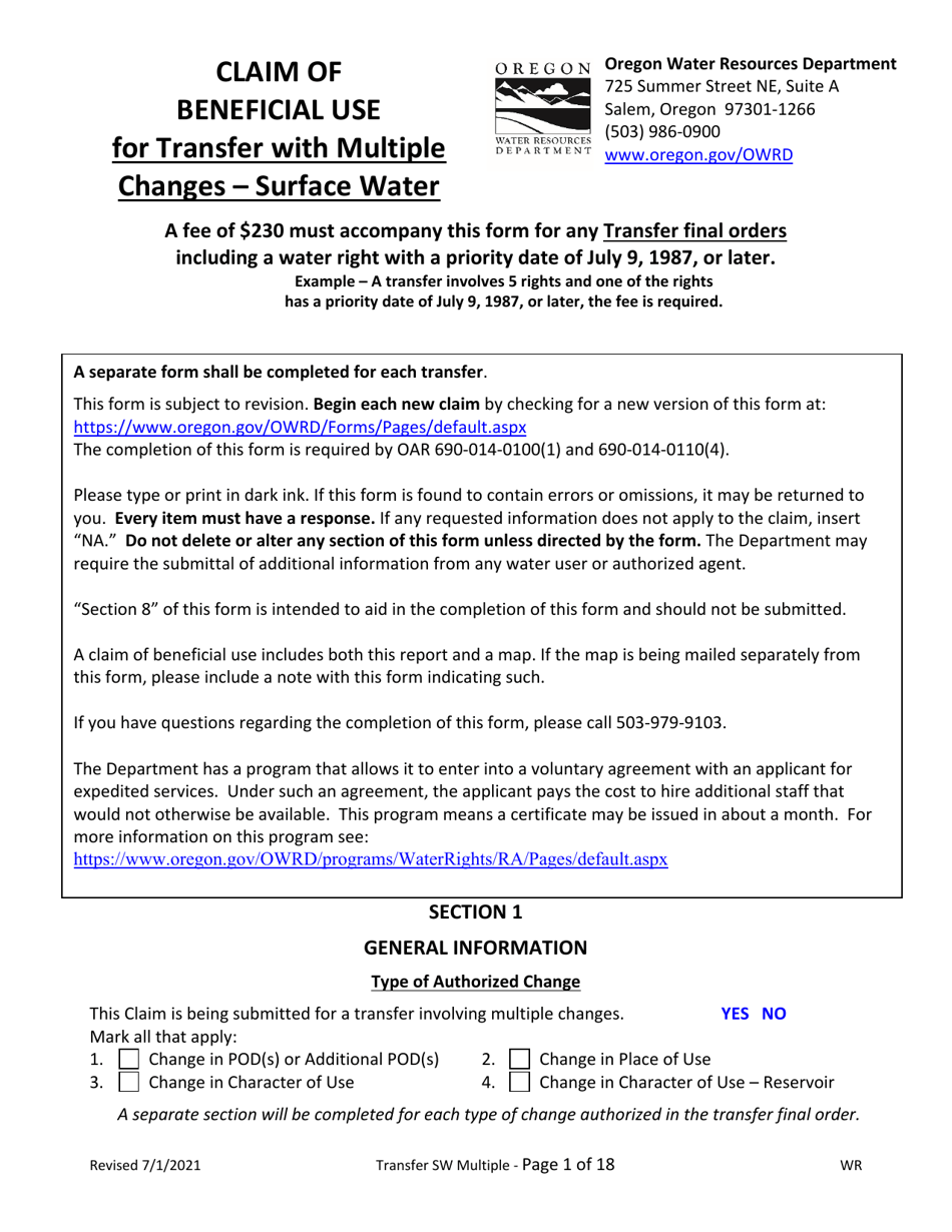 Claims of Beneficial Use for Transfer With Multiple Changes - Surface Water - Oregon, Page 1