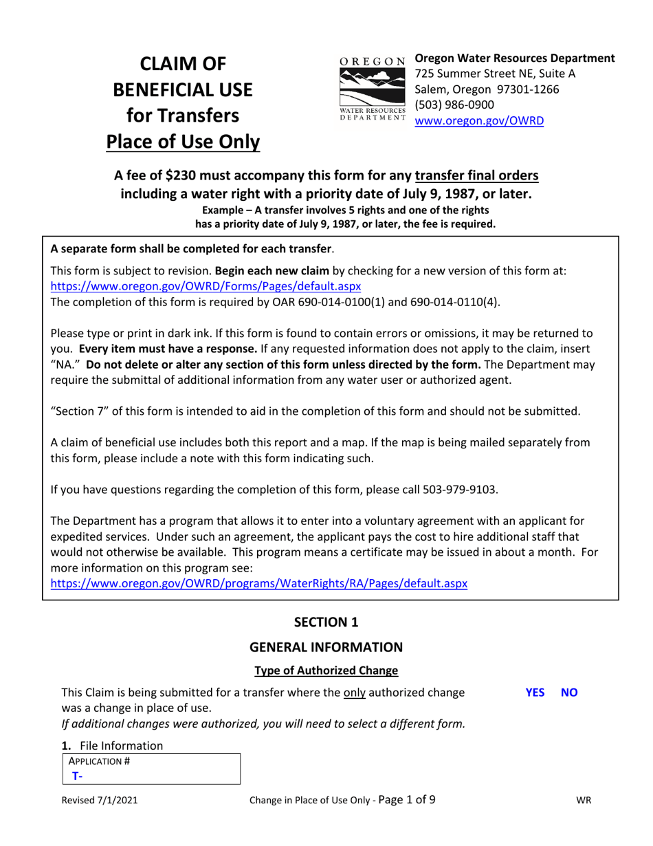 Claims of Beneficial Use for Transfers Place of Use Only - Oregon, Page 1