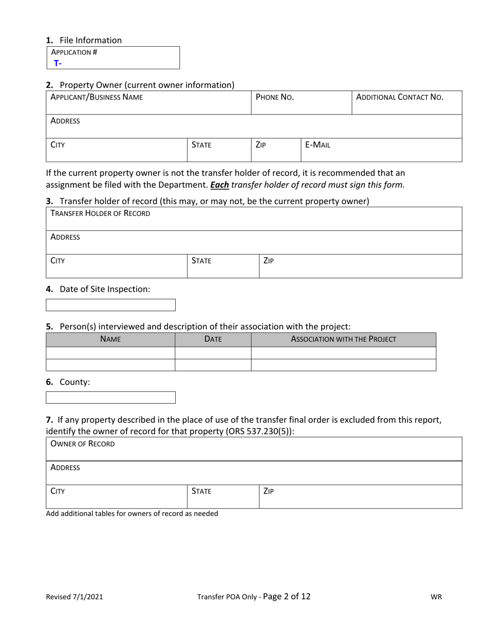 Claims of Beneficial Use for Transfers of New or Additional Poa Only (Groundwater) - Oregon, Page 2