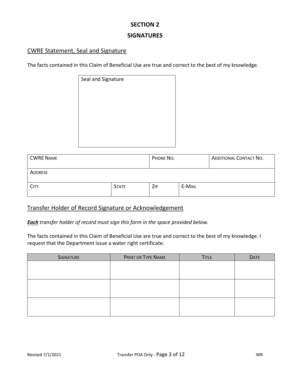 Claims of Beneficial Use for Transfers of New or Additional Poa Only (Groundwater) - Oregon, Page 3