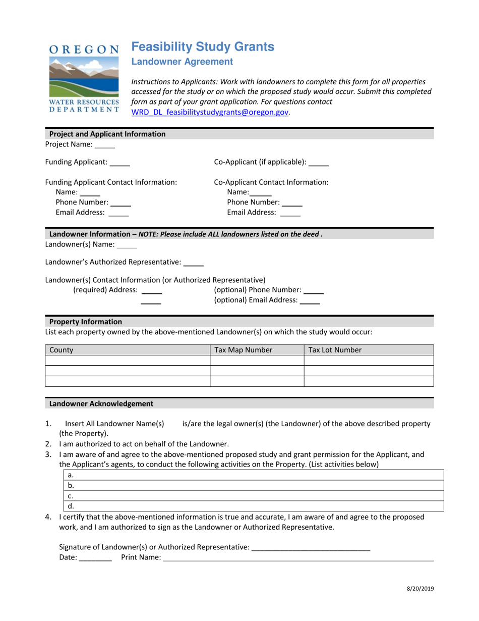 Landowner Agreement - Feasibility Study Grants - Oregon, Page 1