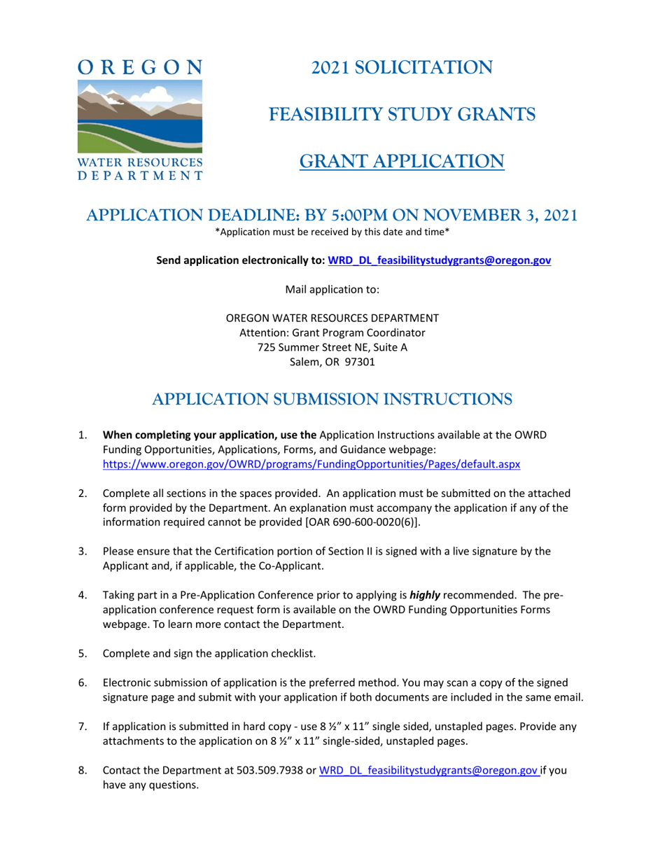Feasibility Study Grants - Grant Application - Oregon, Page 1