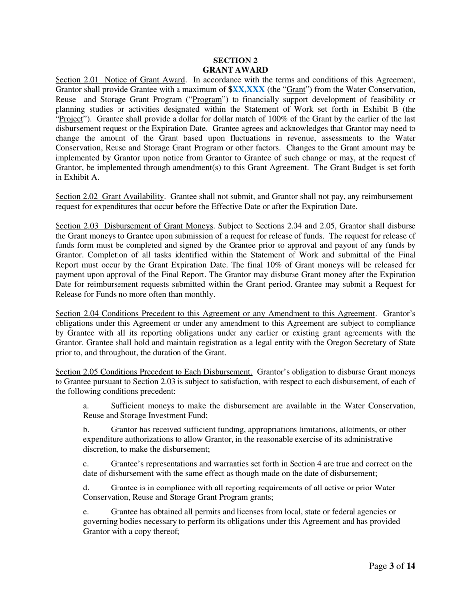 Feasibility Study Grants - Example Grant Agreement - Oregon, Page 3