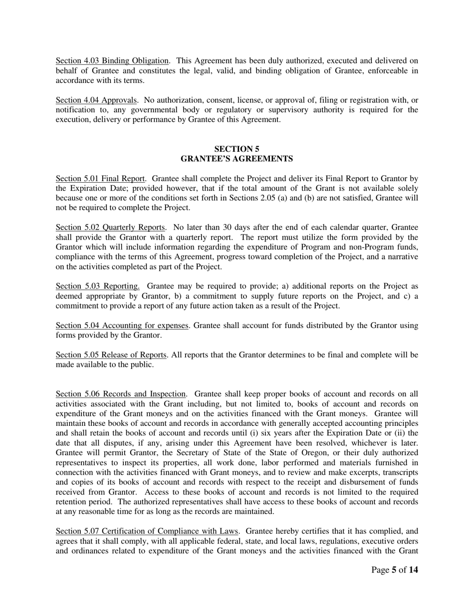 Feasibility Study Grants - Example Grant Agreement - Oregon, Page 5